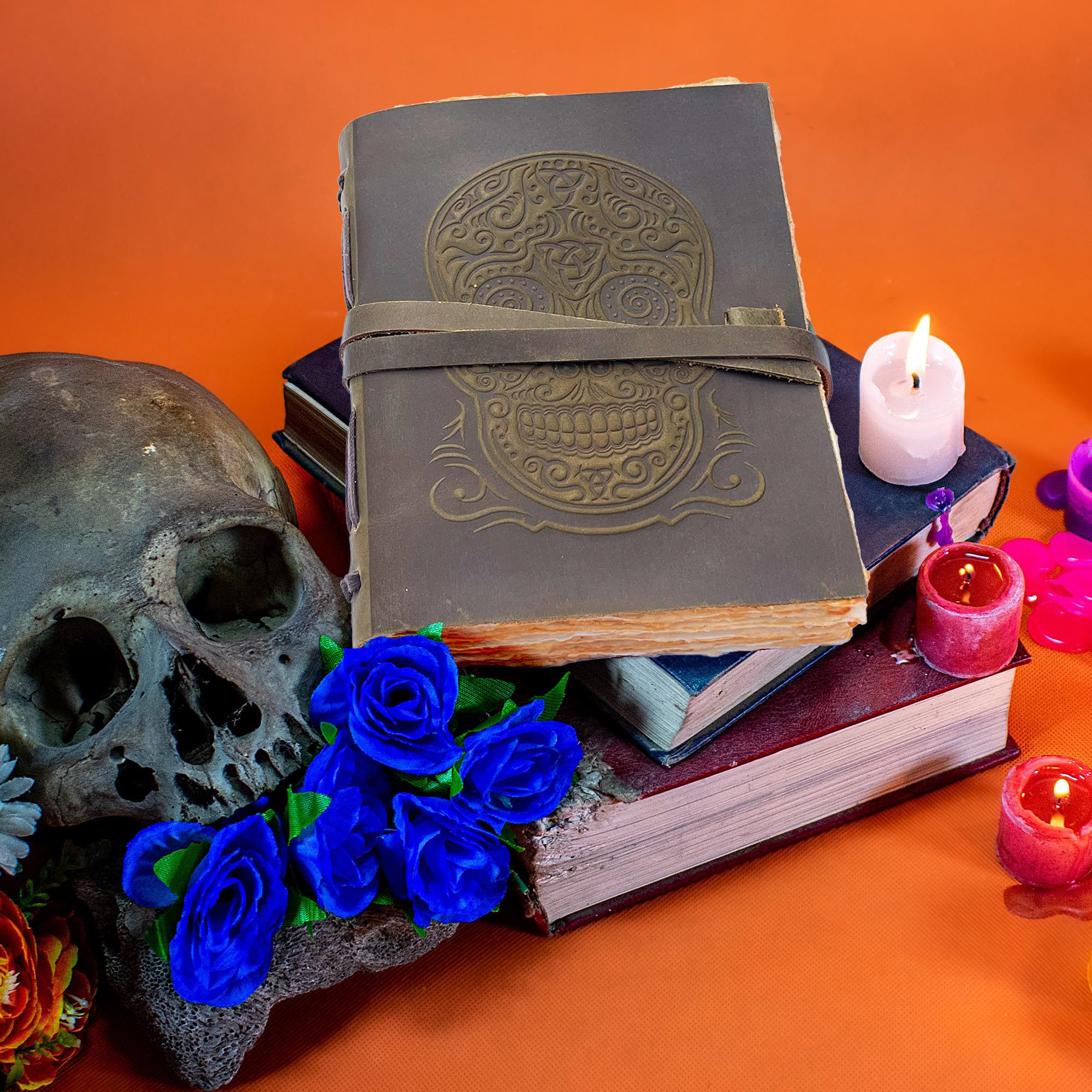 Sugar Skull Handmade Leather Bound Journal with Tree-Free Deckle Edge Paper - Image 4