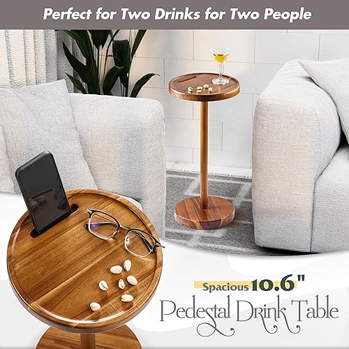 Miniatura 5 de BLUEWEST Mesa de bebidas, mesa auxiliar compacta de 24.4 pulgadas de alto con ranura para teléfono y base pesada, mesa de pedestal duradera para