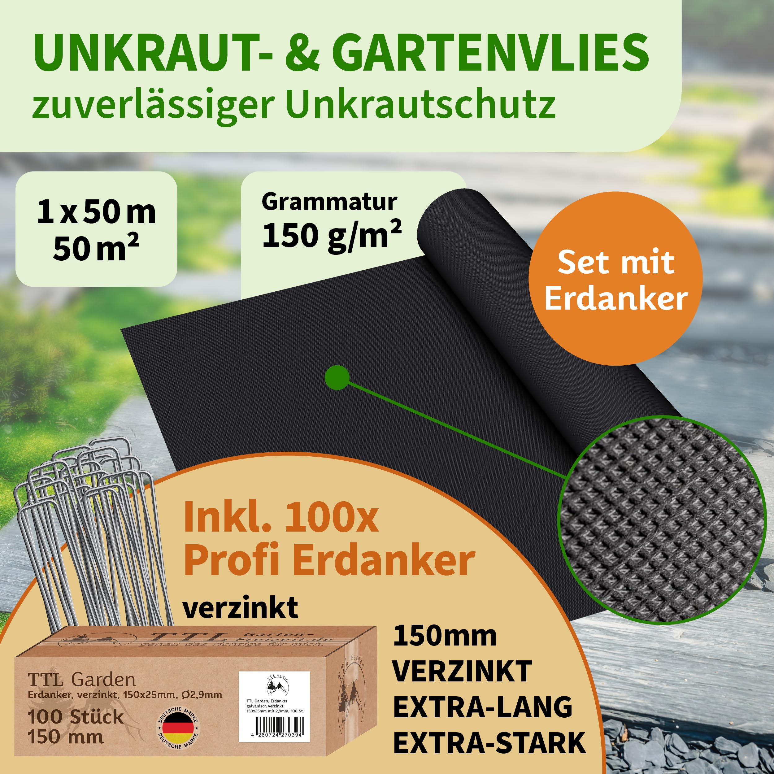 TTL GARDEN Set di tessuto non tessuto da 150 g/m², 50 m², 1 rotolo da 50 m
