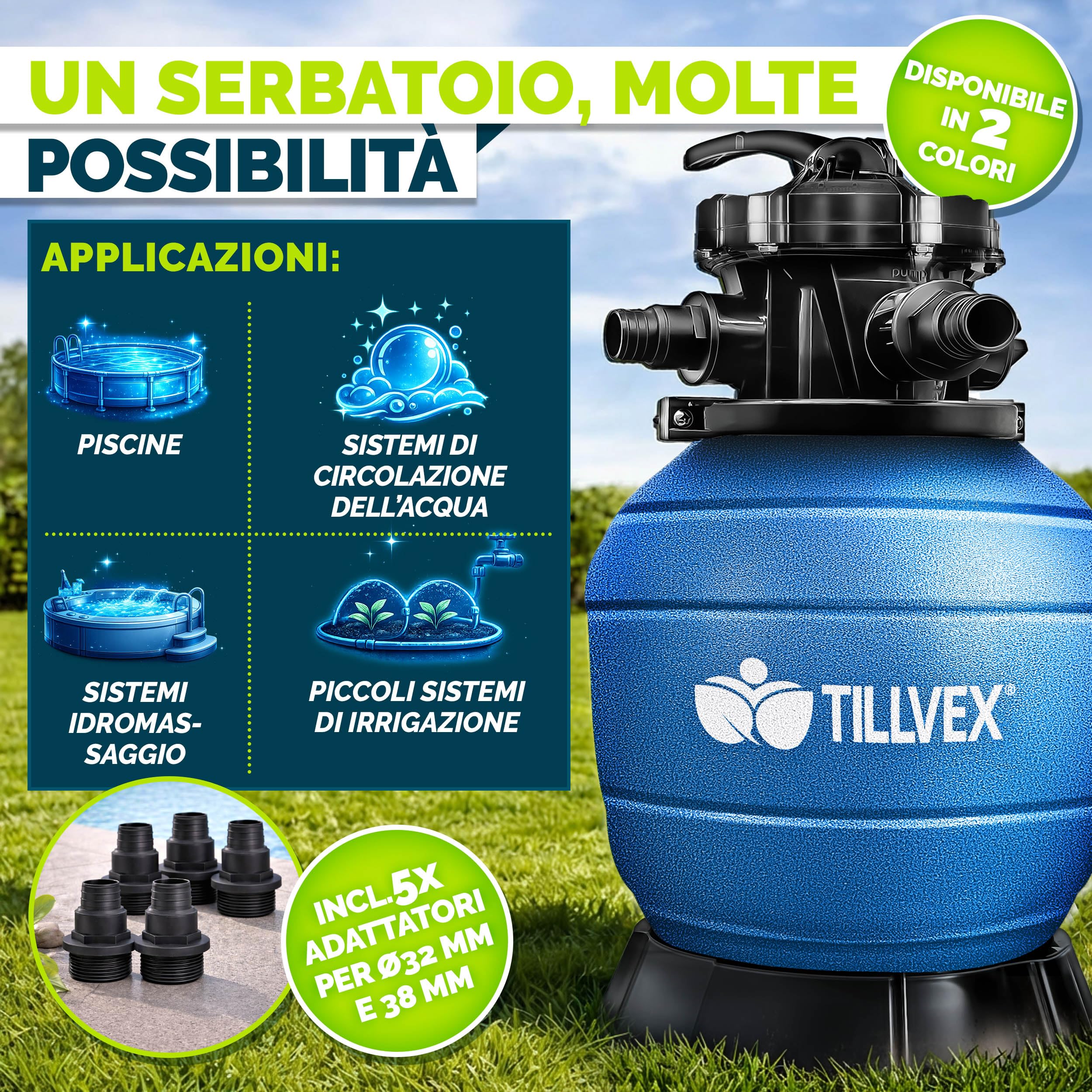 tillvex® Filtro a Sabbia Piscina Senza Pompa + Palline filtranti Fino a 35 m³ (35.000 L) | Serbatoio Filtro incl. Adattatore Ø32-38mm | Valvola 7 Vie, manometro & Tubo aspirazione