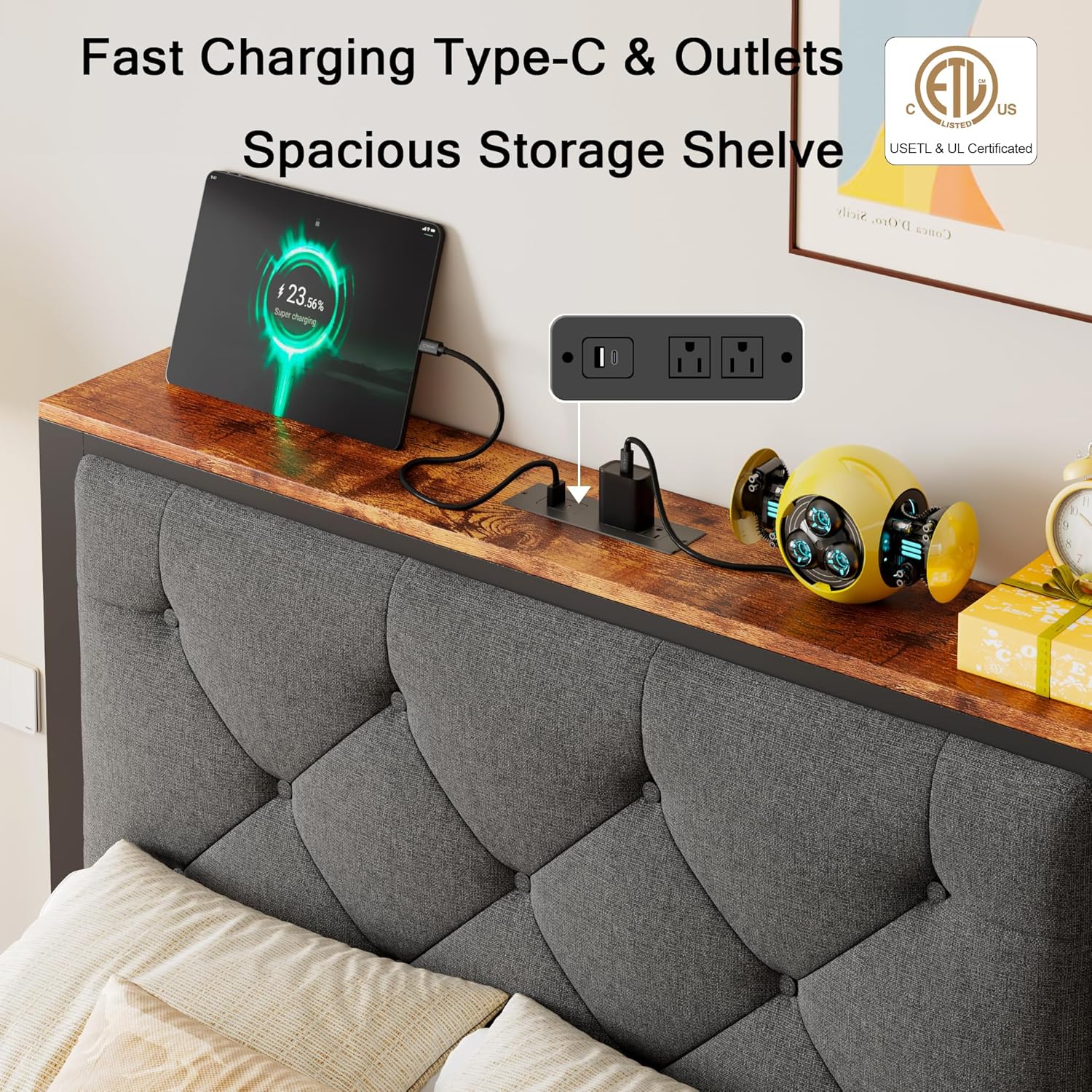 Close-up of the headboard's integrated charging station with 2 AC outlets, 1 USB port, and 1 Type-C port, showing devices charging.