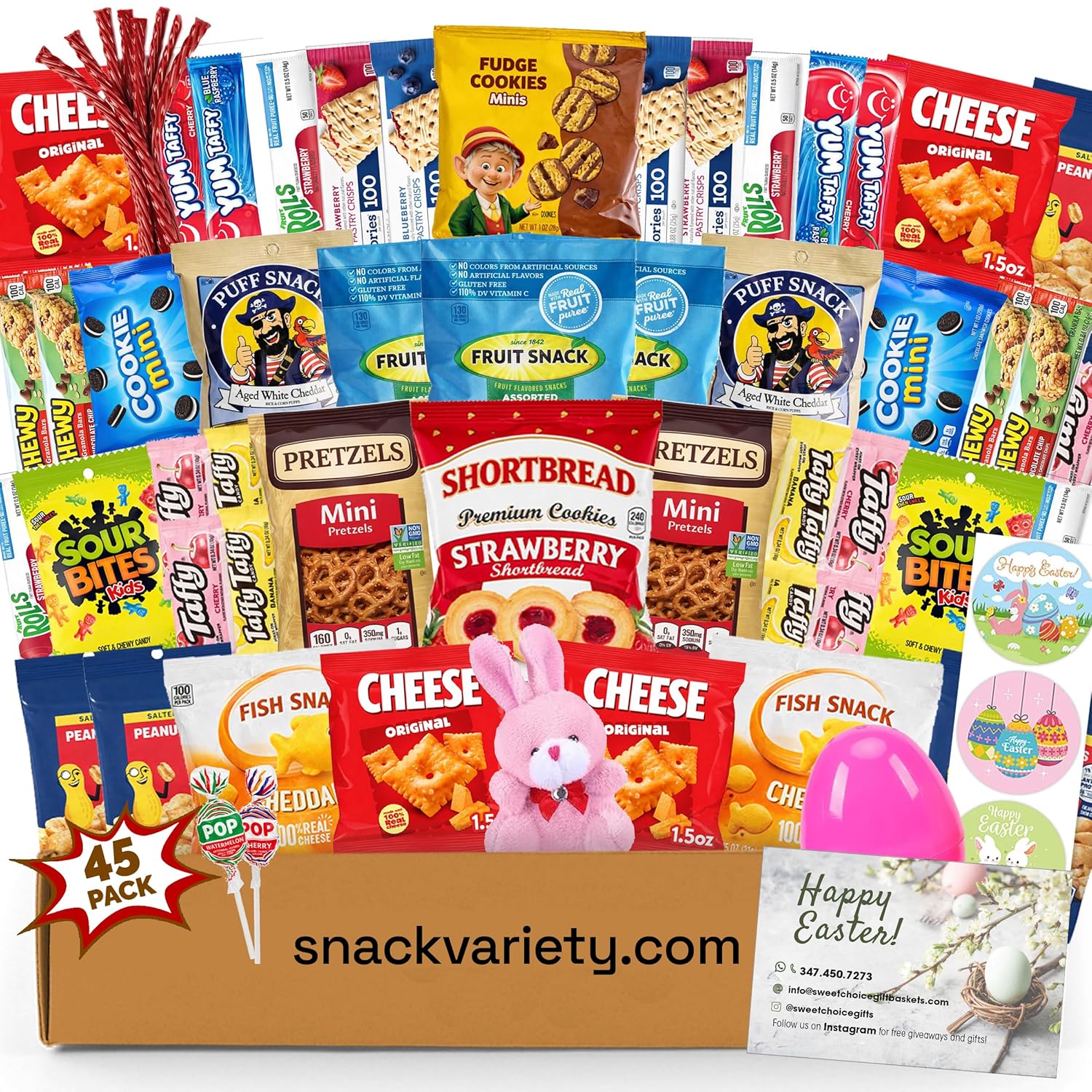 Easter Care Package (45ct) - Candy Snacks Treats Plush Bunny Cookies Gift Box Bundle Basket Fillers Stuffers Present Kids Adults Boys Girls College Student Child Grandchildren Toddlers