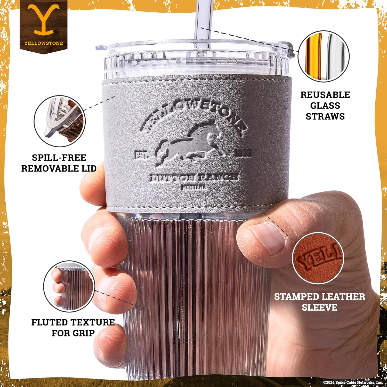 Dragon Glassware x Yellowstone Drinking Glasses - 16 oz Glass Cups with Lids and Straws Set of 2 - Yellowstone Cup Set with Straws & Lids - Reusable Sipper Tumbler - Image 2