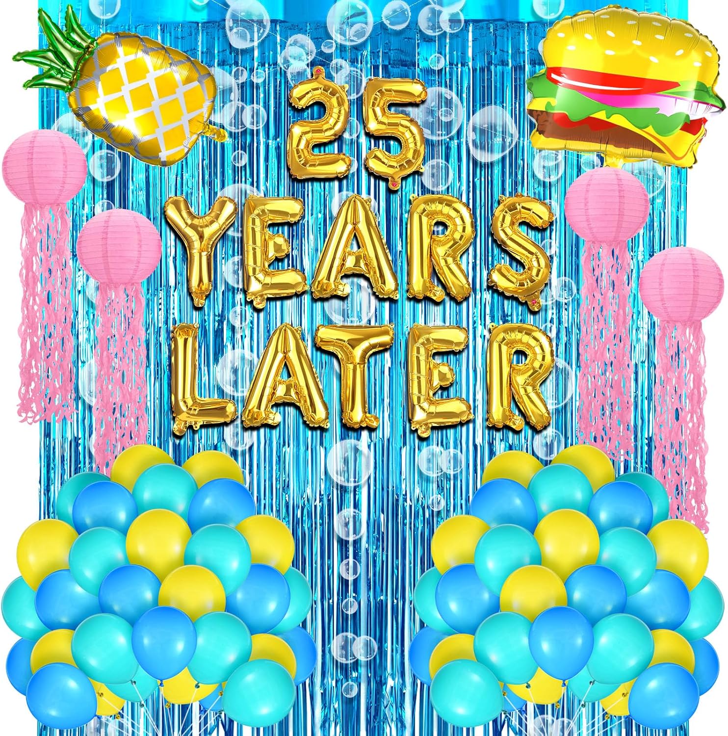 Sponge 25th Birthday Decorations Kit Ocean Theme 25 Years Later letter Balloons Set with Hamburger Pineapple Balloons Blue Backdrop Bubble Garland Jellyfish Paper Lanterns for Boys girls Mermaid