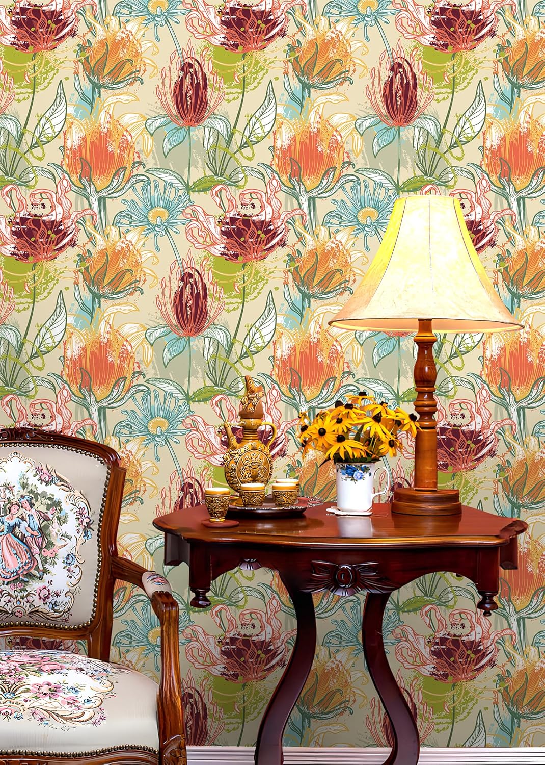 Peel and Stick Wallpaper Boho Removable Floral Adhesive Wallpaper for Bathroom Large Flower Leaf Wallpapers Renter Friendly Flower Contact Paper for Shelf Cabinet 17.5 x 118 in
