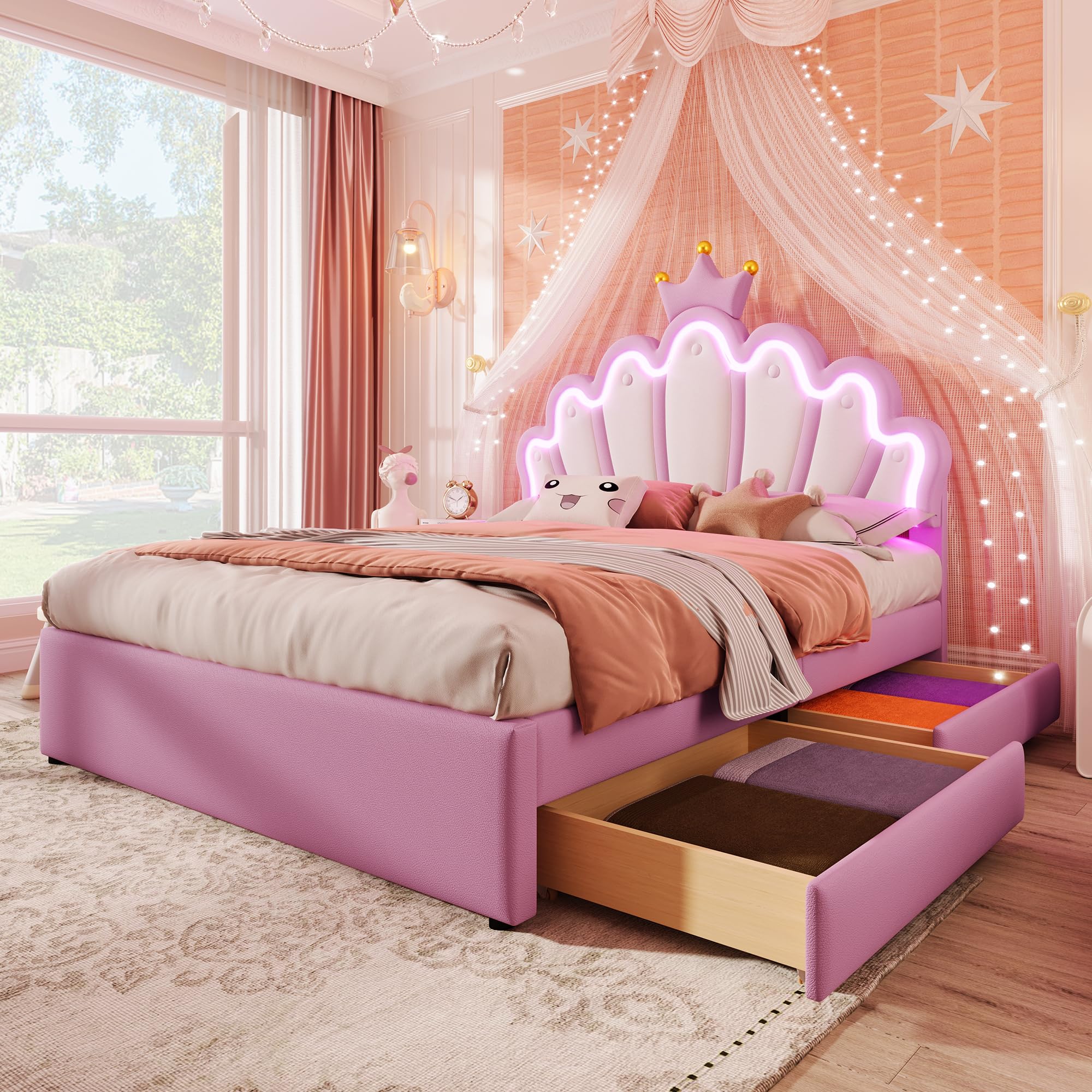 Letto imbottito, luce ambiente telecomandata, letto con 2 cassetti, letto principesse a forma di corona, testiera regolabile, PU (senza materasso) (rosa, 140 x 200 cm)
