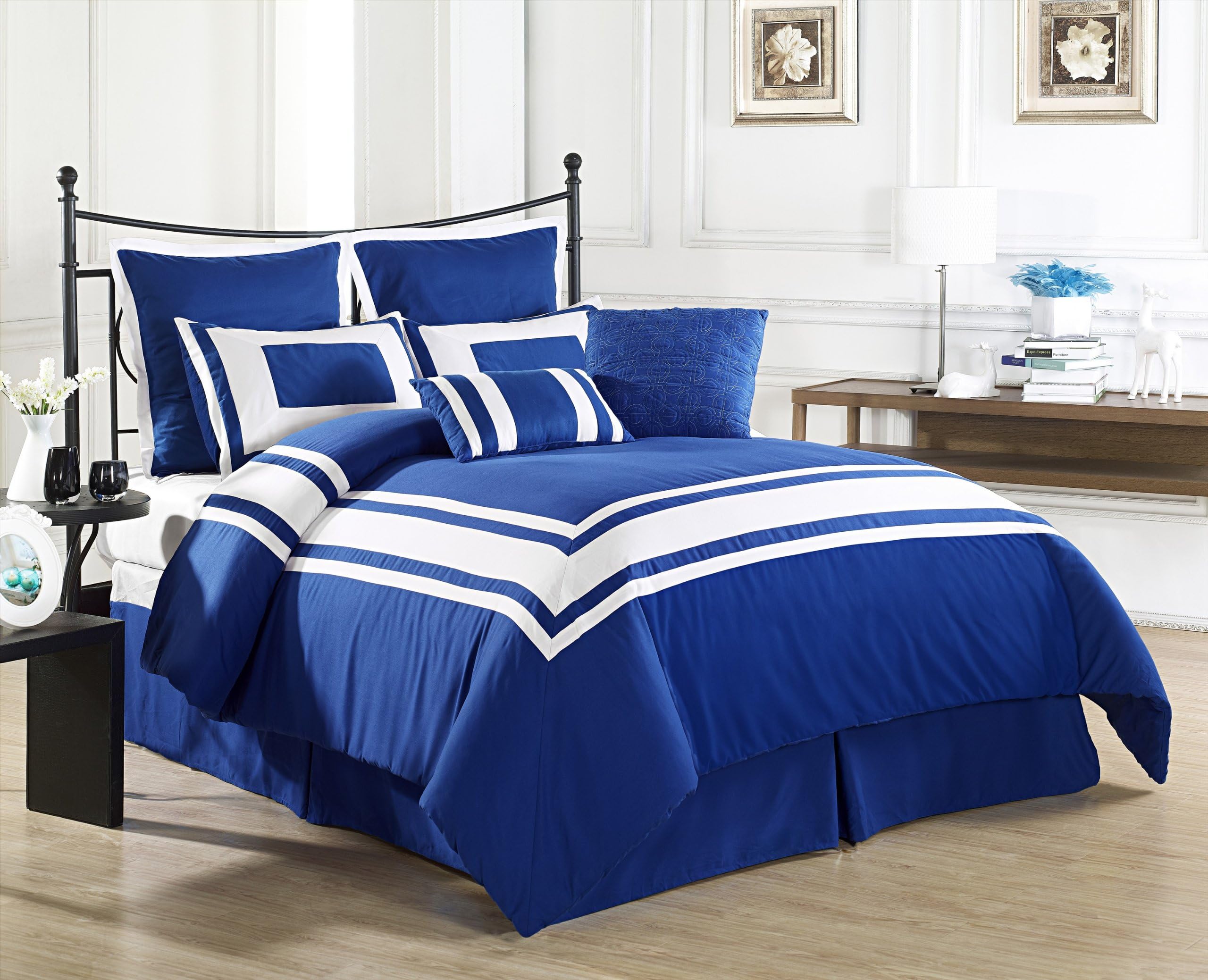 Cozy Beddings Lux Décor 8-Piece Comforter Set, California King, Royal Blue with White Stripe