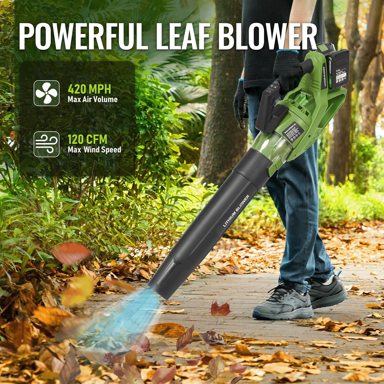 Cordless Leaf Blower with 5 Speed Modes, 2 x 2.0Ah Batteries can be Used and Charged Simultaneously, 420MPH, 120CFM Electric Leaf Blower, 20000 RPM Motor, Use for Lawn, Yard, Leaves, Dust, Snow - Image 4