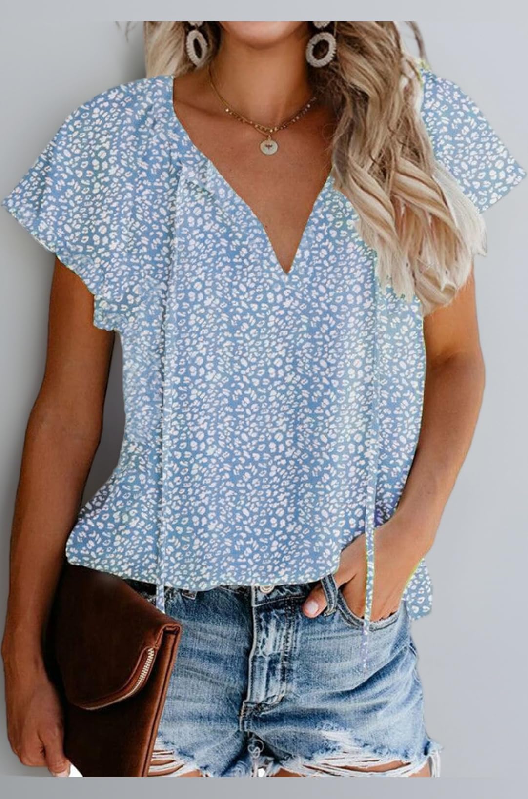 Women's Casual Floral Print V Neck Ruffle Short Sleeve Summer Shirts Tops Loose Blouses, Z-light Blue, Large