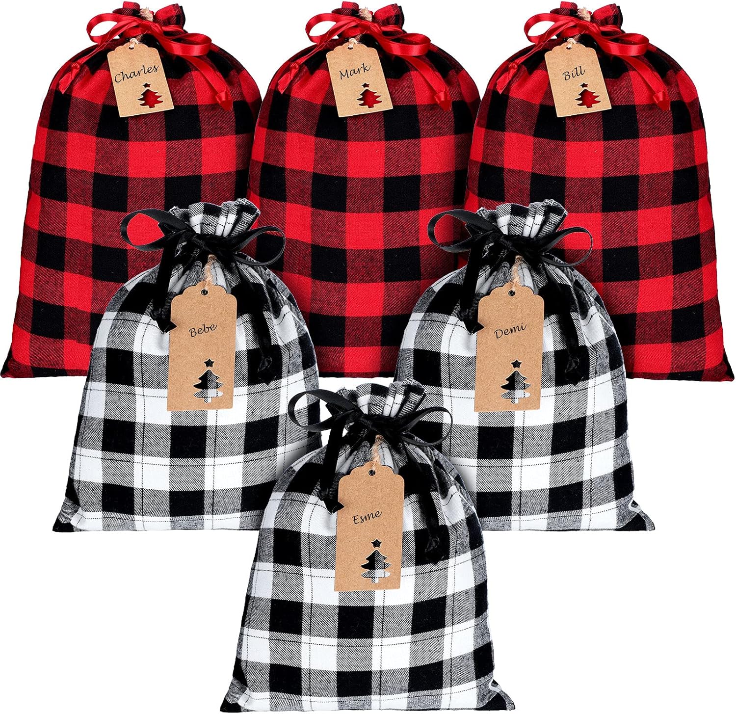 6 Pieces Christmas Drawstring Gift Bags Fabric Plaid Bags