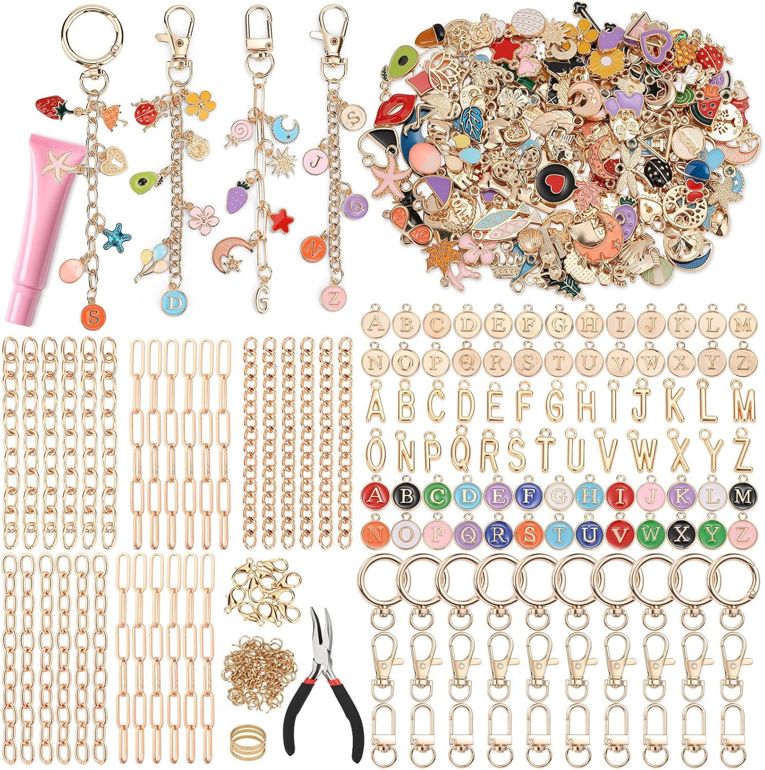 500Pcs Charms Lip Gloss Keychain Making Kit, DIY Craft Supplies with Charms, Key Chain Hooks, Jump Rings, Lobster Clasps, Chains & Tools, Jewelry Making Kit for Custom Keychains, Valentines Gifts