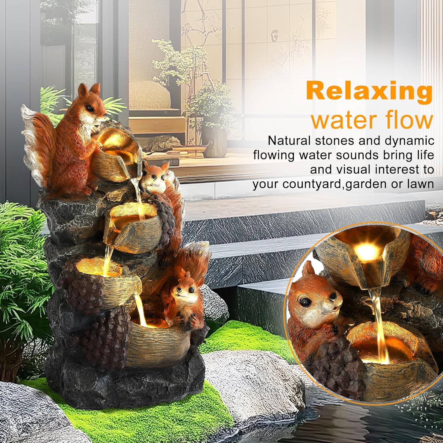 24" H Outdoor Water Fountain, 4-Tiers Cascading Garden Waterfalls with 4 LED Lights, Modern Freestanding Bird Bath Fountain with Pinecones & Squirrels, for Yard Patio Deck and Indoor Decor