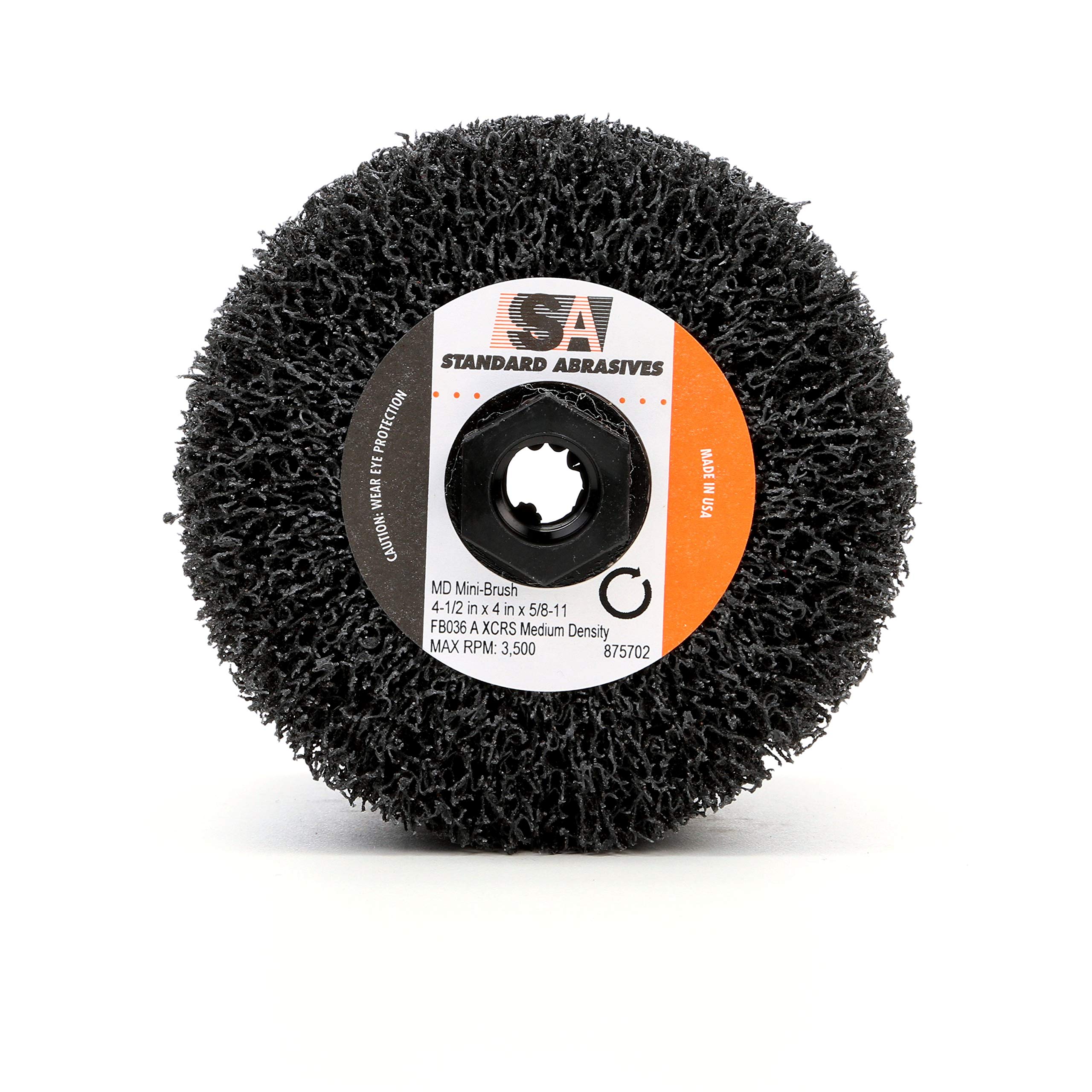 3M 53870-case Standard Abrasives Md Mini-Brush 875702, 4-1/2 in x 4 in x 5/8-11 FB036 A Xcs Medium Density, 1 Per Case Aluminum Oxide Coating Cut Angle Flute Black