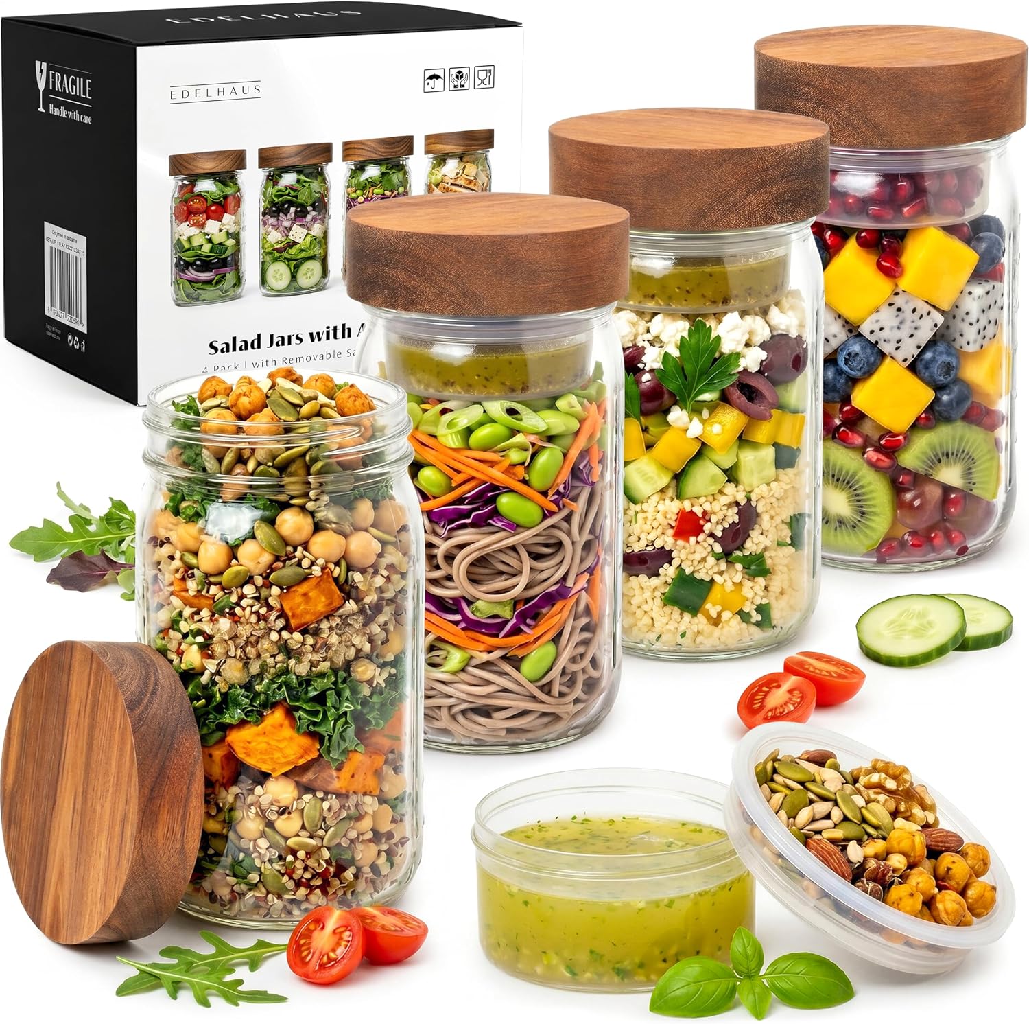 EDELHAUS Glass Salad Jars with Acacia Lids, 4 Pack 32oz Meal Prep