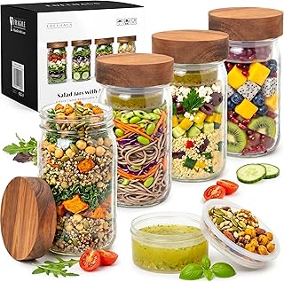EDELHAUS 4 Pack Glass Salad Jars with Wooden Lids for Meal Prep, Leakproof Container with Two Small Built in Cups for Wet/Dry Separation for Salad Dressing and Ingredients, 32oz Mason Jars (Acacia)