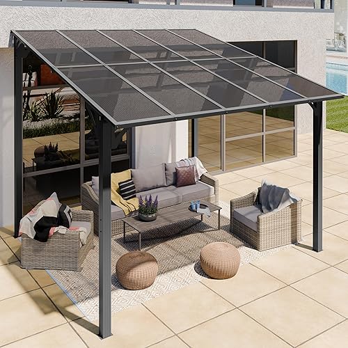 Shintenchi 10 x 10FT Wall-Mounted Metal Gazebo Pergola,Outdoor Sloped Roof Hardtop Patio Gazebo,Heavy Duty Awnings for Patio,Backyard,Deck,Garden
