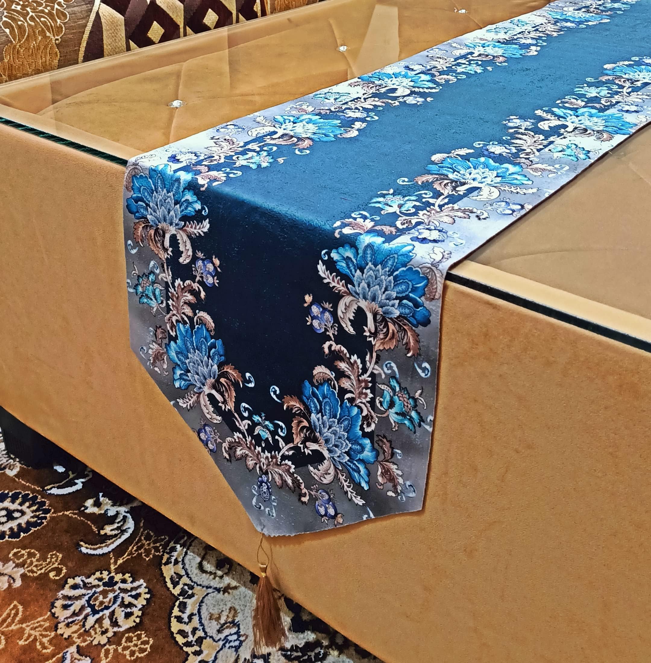 Saksham Enterprises Dark Blue 100% Velvet Floral Designer 72.5x14 inch Table Runner for 6 Seater Dining Table (Pack of 1, Multi Pattern & Colors) (Dark Blue, Floral Velvet)