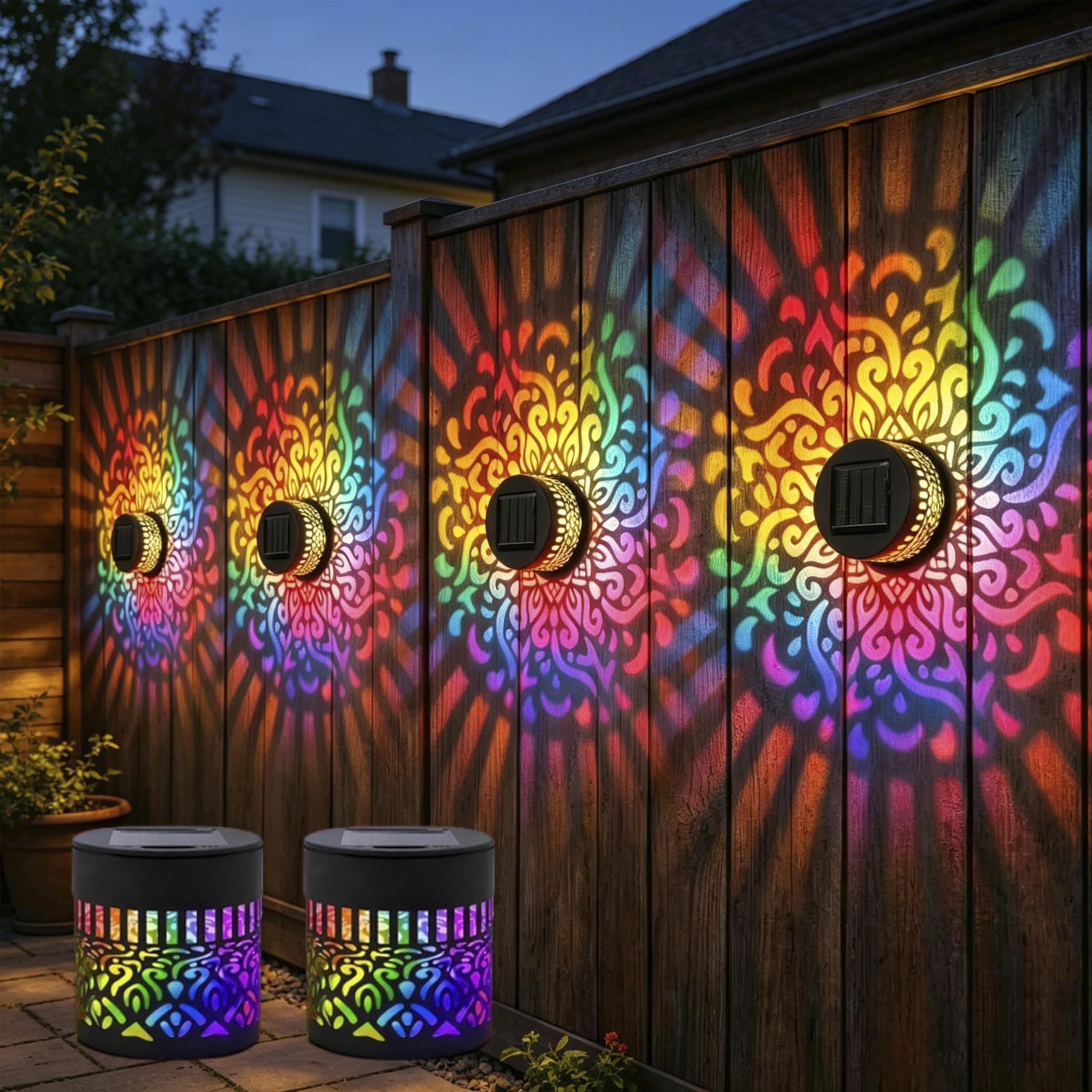 Flossty Solar Mandala Wall Lights, Seven Color Changing Solar Mandala Projection Wall Light, Waterproof Metal Fence Light for Yard Garden Patio Backyard Post