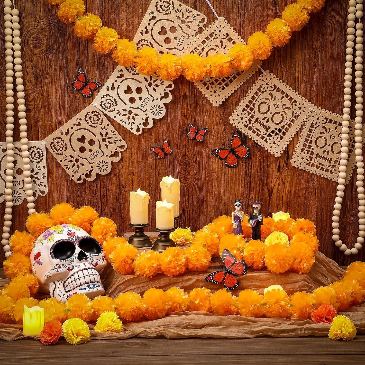 88 Pcs Dia De Los Muertos Altar Decoration Set 18 Felt Mexican Party Banner 2 Artificial Marigold Garland Include 60 Flower 6 Butterfly 2 Bead Garland 2 Tablecloth Day of the Dead Ofrenda Altar Decor