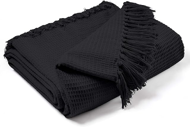 EHC Waffle Cotton Woven King Size Sofa Throw 3 Seater Sofa/Chair/Double Bed, 228 x 254 cm, Black
