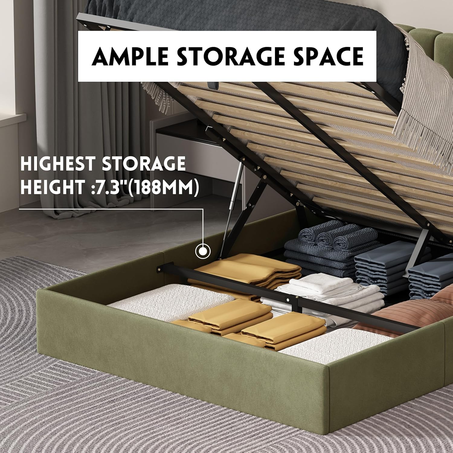 Queen Size Hydraulic Lift Up Upholstered Storage Bed with WIngback Headboard,Pistachio