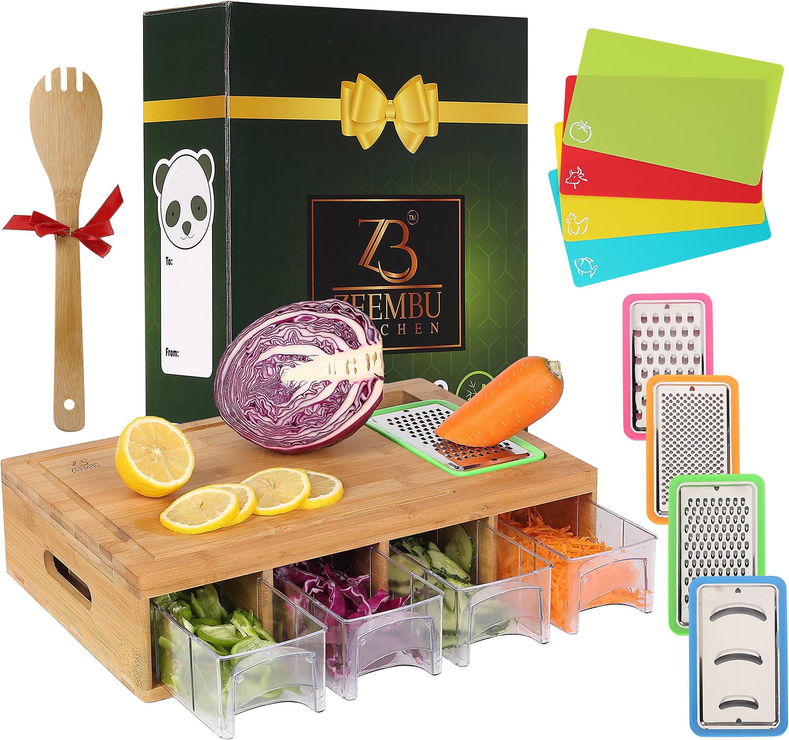 ZEEMBU Bamboo cutting board with additional extra 4 compartments. Home & Kitchen
