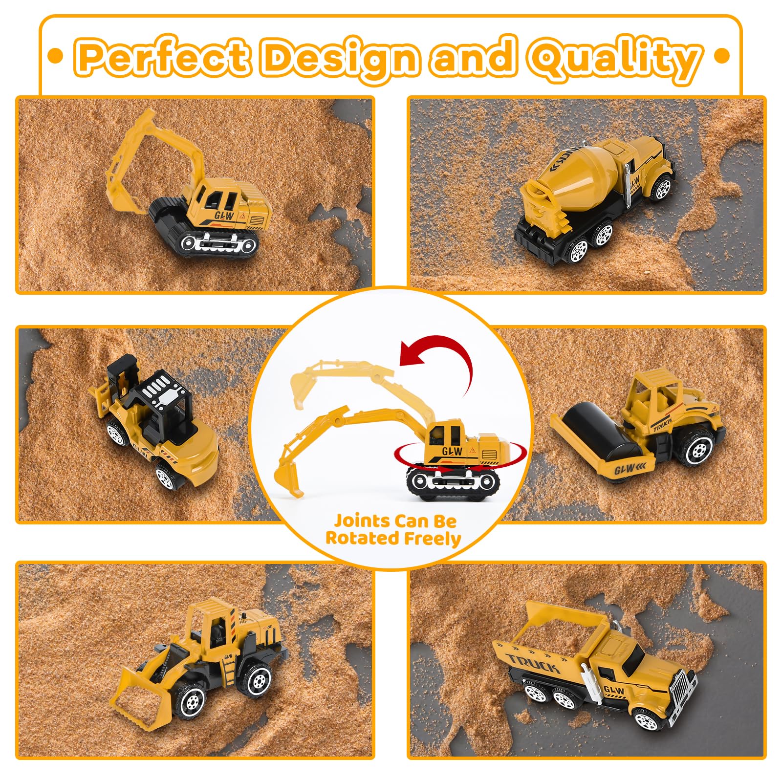 FORMIZON Camion Giocattolo per Bambini, Veicoli da Cantiere con Musica e Luci, 6 Mini Veicoli, Gru Giocattolo Gialla