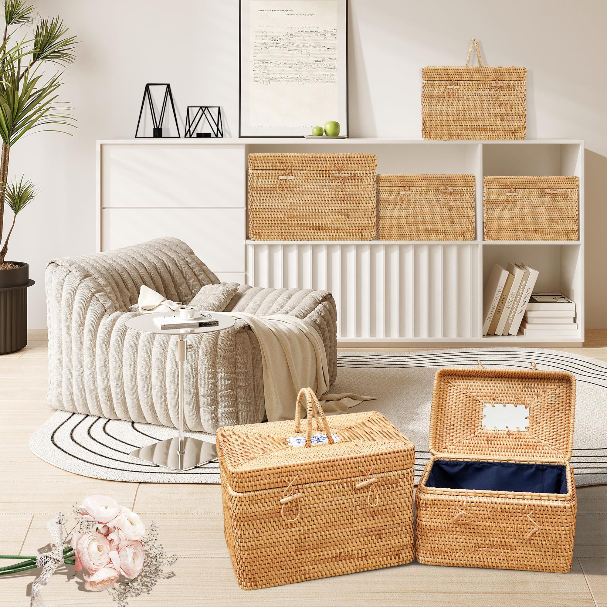 Kosz rattanowy z pokrywką, niebiesko-biały porcelanowy design, duży kosz do przechowywania z pokrywką, rattanowe pudełko na półkę (30 cm dł. x 20 cm szer. x 18 cm wys.)