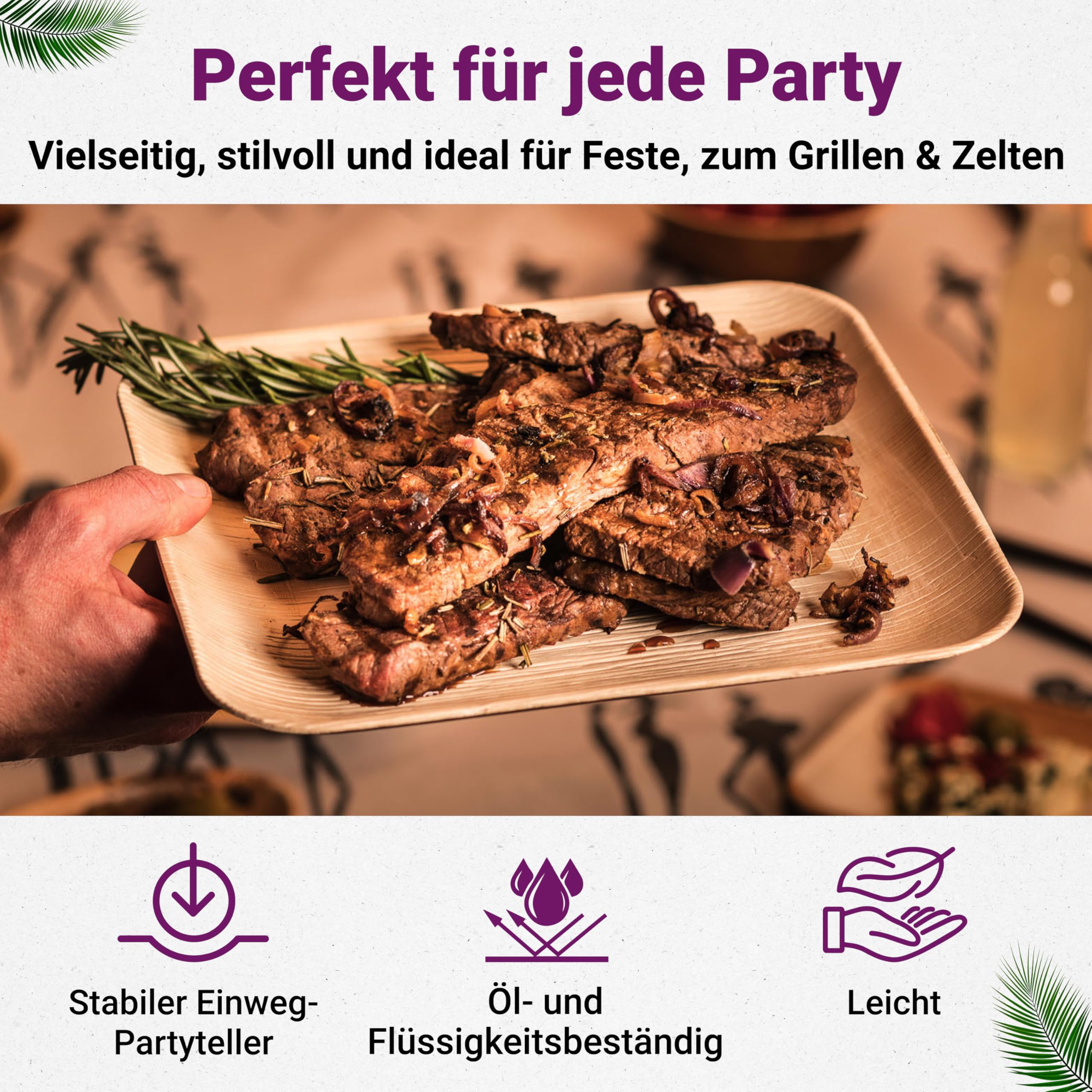 Bio Palmblatt Teller - 50 Stück groß eckig 25x25 cm - Premium Einweggeschirr kompostierbar - Umweltfreundliches Palmblatt-Geschirr - ähnl. Bambusteller Einweg