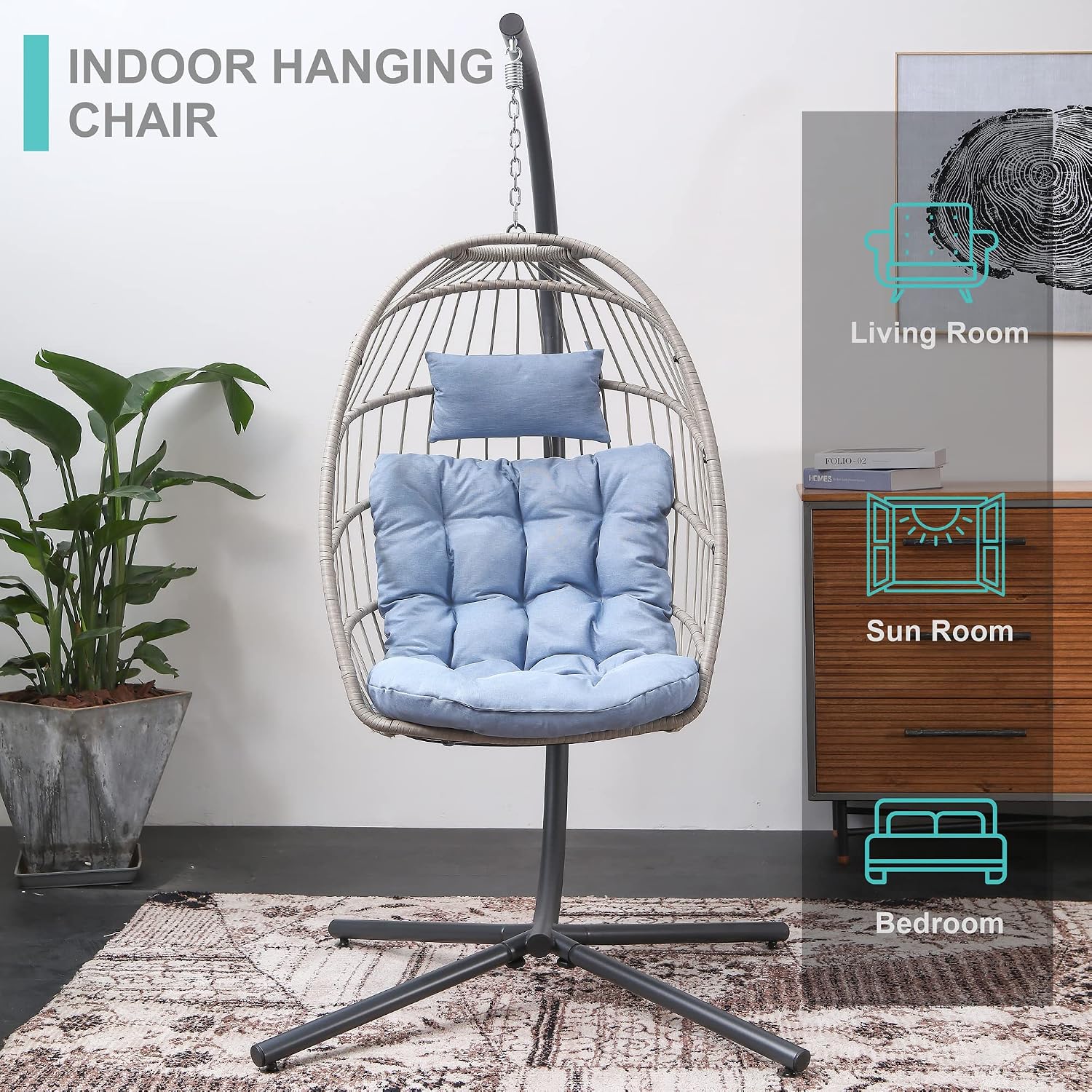 SWITTE Hanging Egg Chair with Stand, Egg Swing Hammock Chair with Stand, Indoor Outdoor Wicker Egg Chair with Cushion Headrest for Patio Bedroom Porch Garden, 350LBS Capacity(Tiffany Blue)