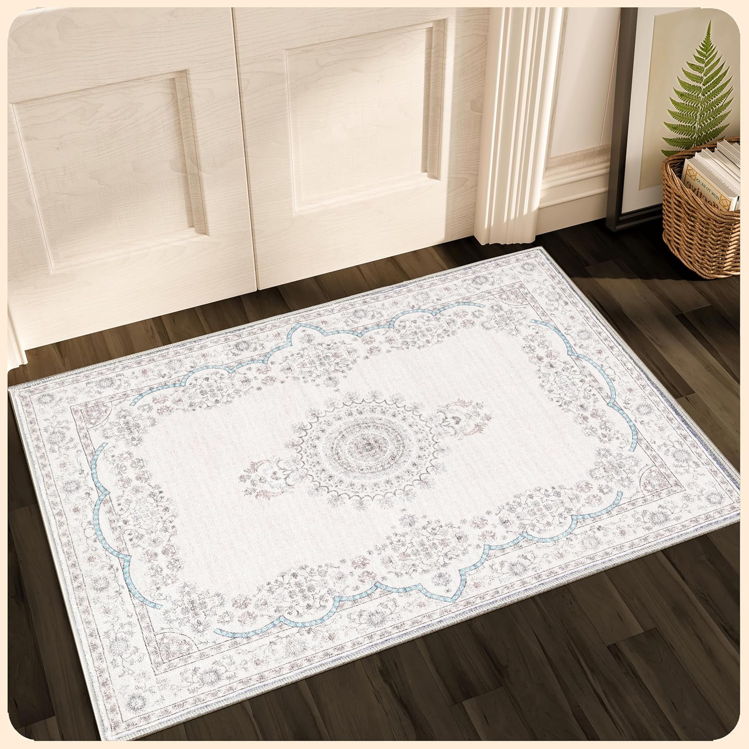 Istana 2x3 Rugs - Pink Beige Whisper/Grey/Blue Area Rugs - Foldable Dining Room Rug - Area Rug for Bedroom - Anti-Slip Washable Modern Rugs for Living Room Misty Blue Garden Crest 2' x 3' (Rectangular)