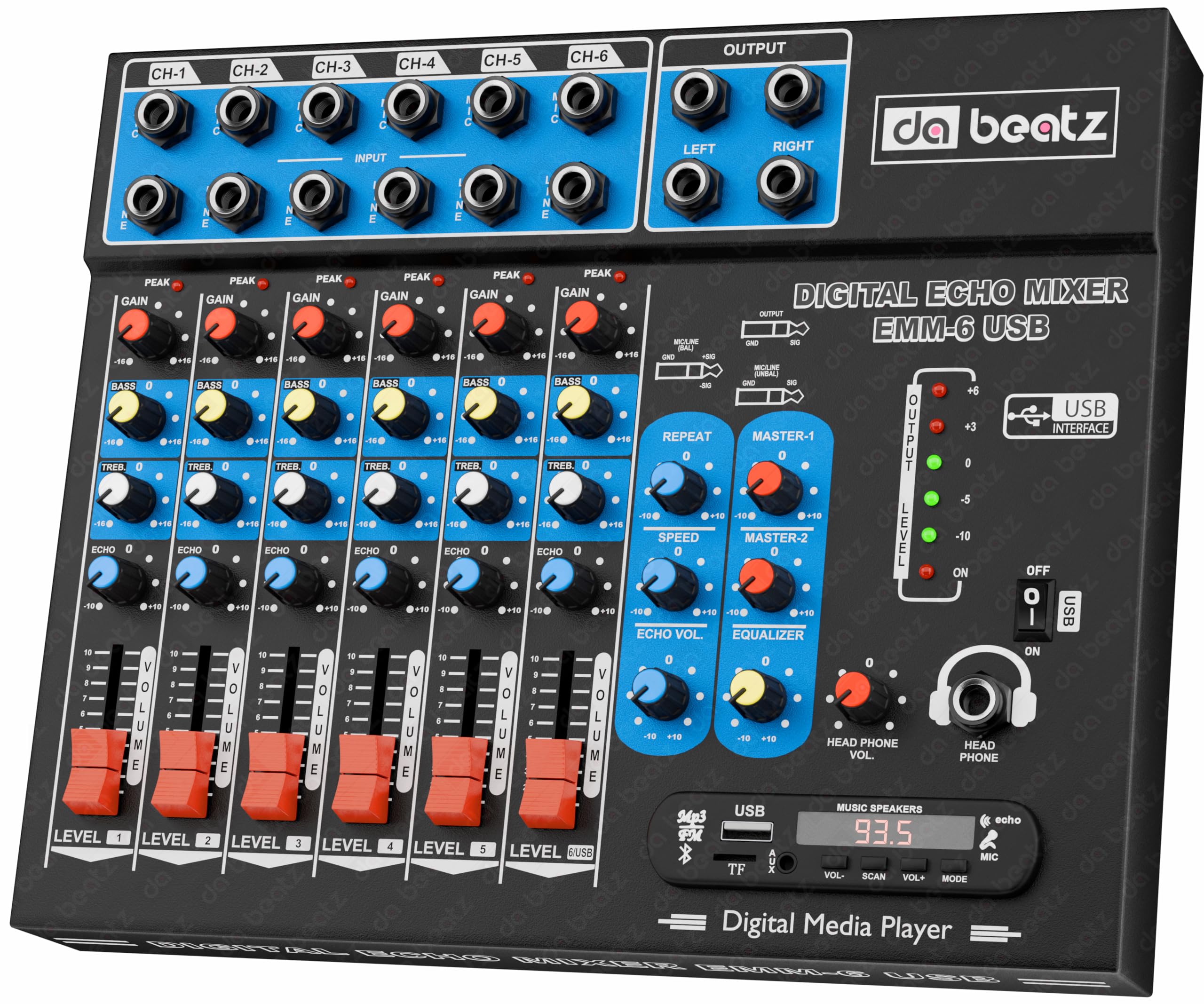 Da.Beatz Professional Stereo Echo Mixer with USB and Bluetooth (6 Channel - Black)