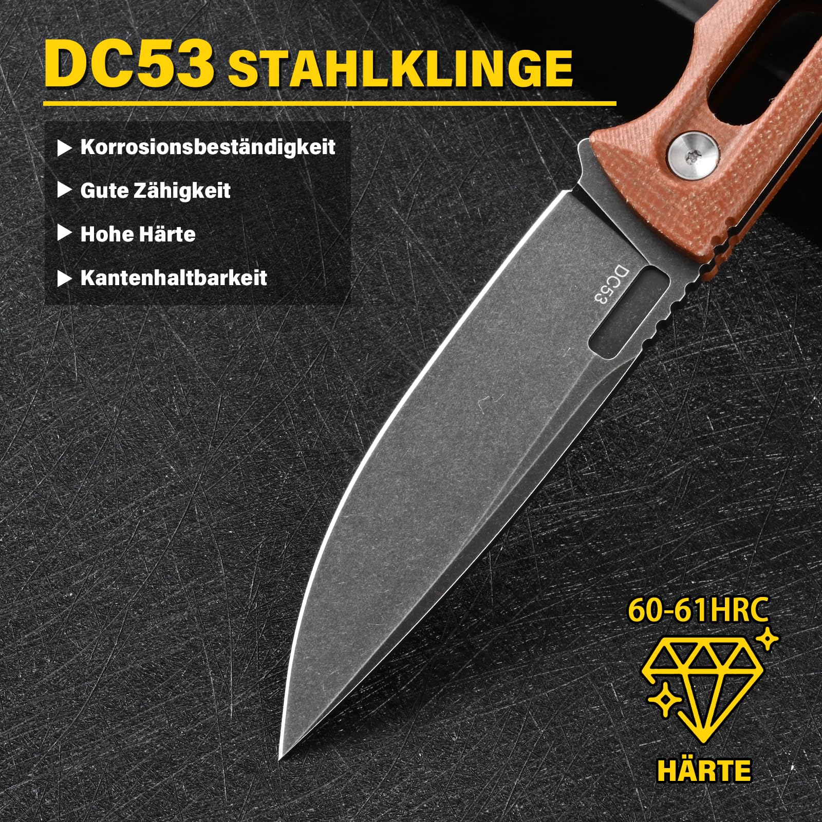 DC53 Stahl messer Feststehende Klinge mit Kydex Scheide Micarta Griff Jagdmesser für Männer EDC Camping Survival Outdoor (Schwarze Steinwäsche + braune Griffe)