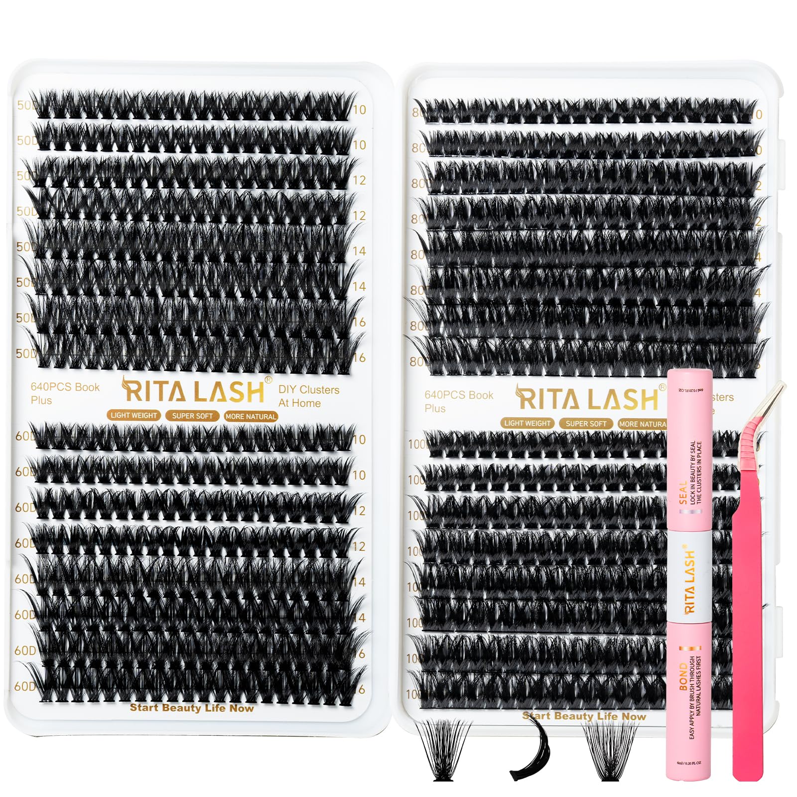 RITALASH Lash Extension Kit DIY 640pcs Lash Clusters Eyelash Extension, 10-16mm Individual Lashes with Lash Bond and Seal
