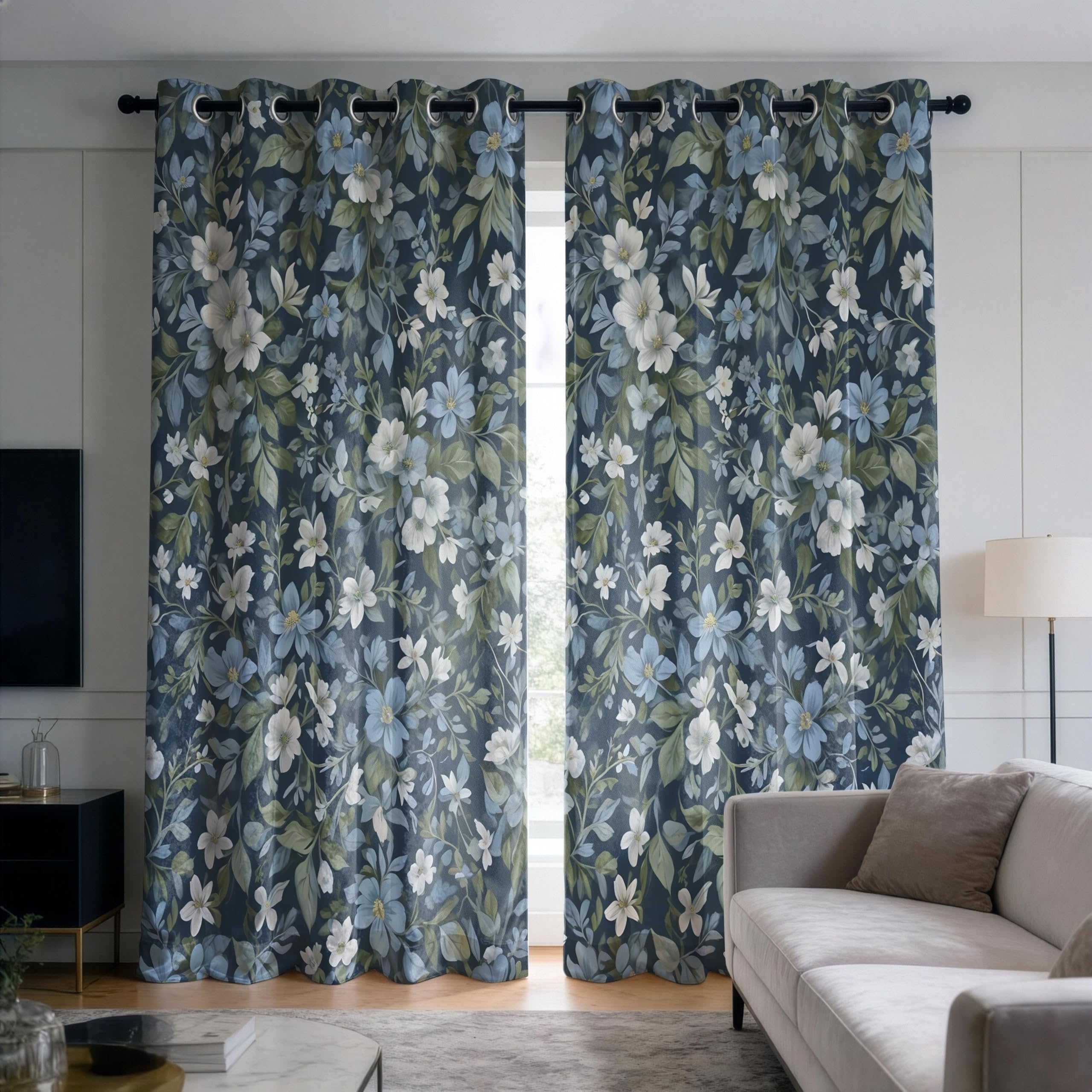 IKDZCM Navy Blue Floral Blackout Curtains for Bedroom, White Blossom Drapes, Botanical Flower Print Panels Window Treatment(WxH/2x75x166cm)