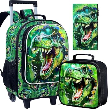 3PCS Dinosaur Rolling Backpack for Boys, Roller School Backpack with Wheels, Kids Wheeled Bookbag for Elementary Preschool KindergartenGreen