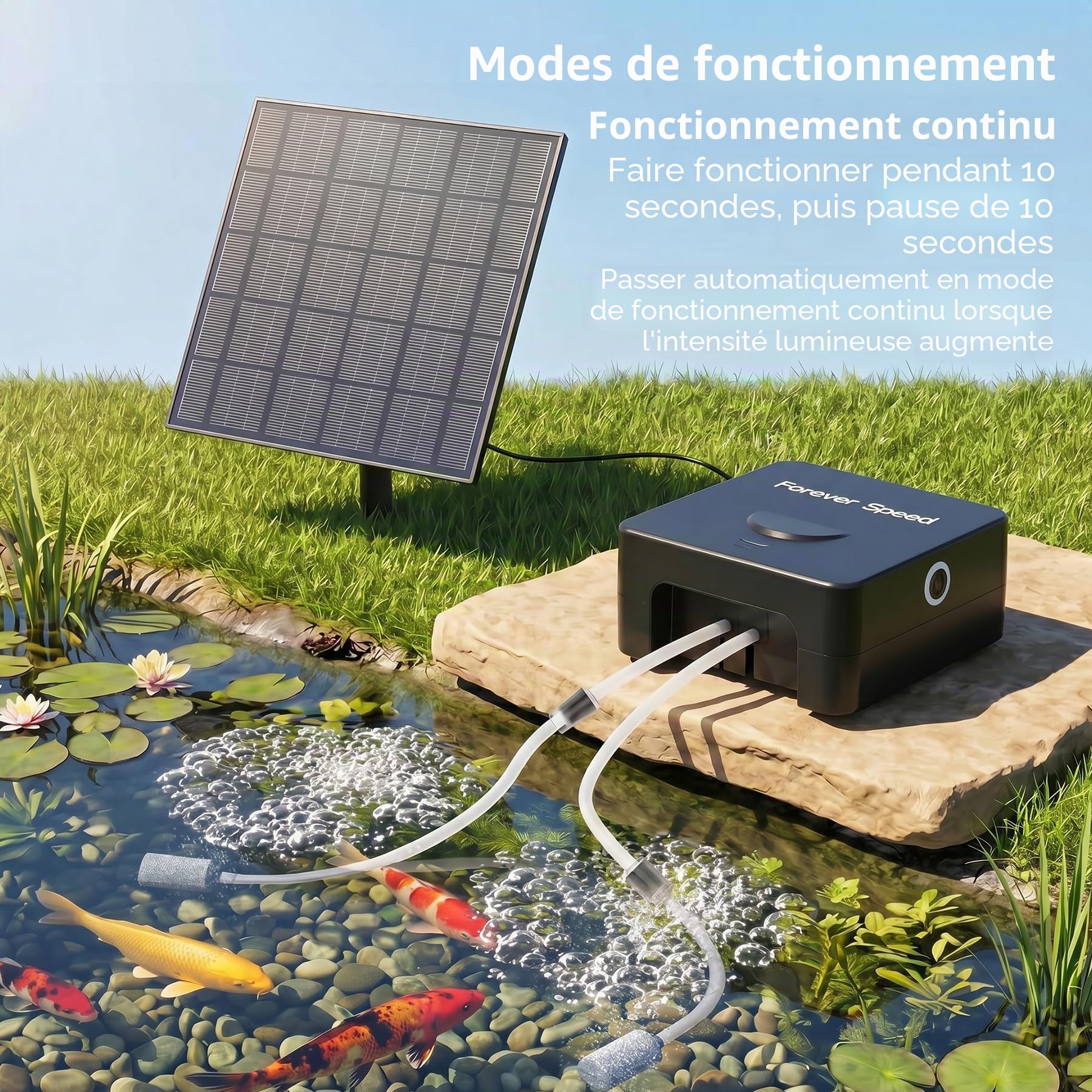 Forever Speed Aérateur Solaire de Bassin Rechargeable Batterie, Silencieux Pompe à Oxygène Double Charge Solaire + USB, Aérateur de Bassin pour Petits Bassins et Aquariums