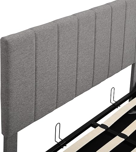 Miniatura 10 de Voohek Elevador de gas con plataforma tapizada gris marco de cama tamaño matrimonial con almacenamiento debajo y cabecero soporte de listones de
