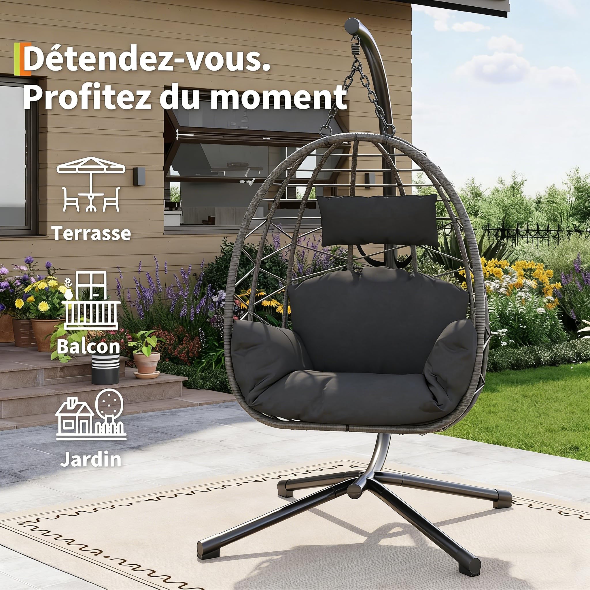 Poltrona sospesa in rattan, sedia amaca coccooning con struttura in acciaio, carico 130 kg, sedia sospesa uovo con copertura antipioggia, amaca altalena per giardino, terrazza, angolo lettura (196 x
