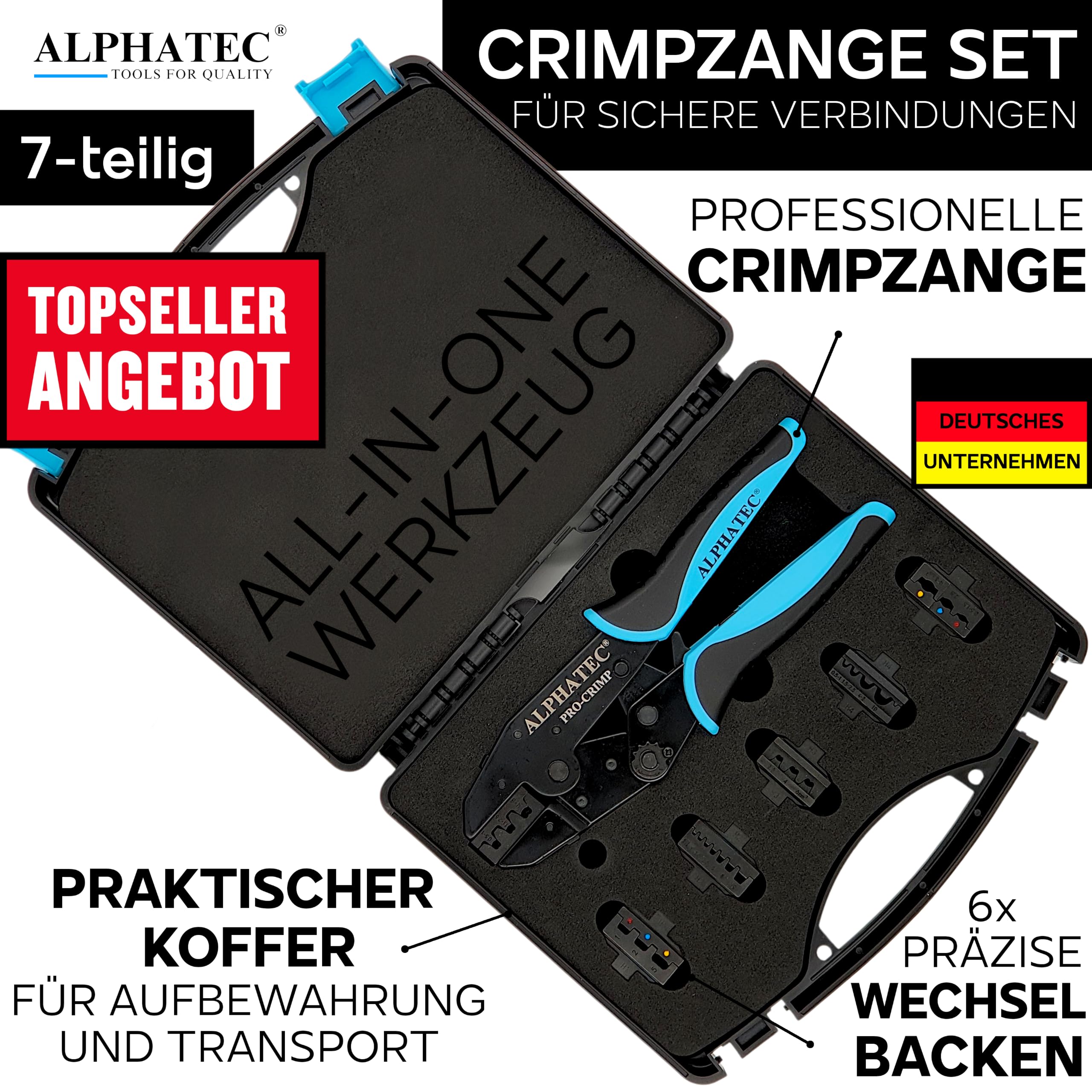 ALPHATEC® Crimpzange Set mit Wechselbacken [ 0,25-10mm² ] Multi 7-teilig | Crimpzange Kabelschuhe, Aderendhülsenzange, Flachstecker, MC4 Zange PV Solar, Verbinder, Presszange, Krimpzangenset 6x Backen