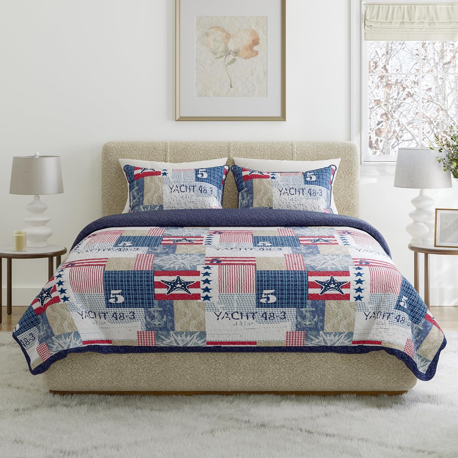 3-Piece Quilt Set - Full/Queen Bedding with Nautical Americana Patchwork Print - All-Season Soft Microfiber Bedspread with Pillow Shams by Lavish Home