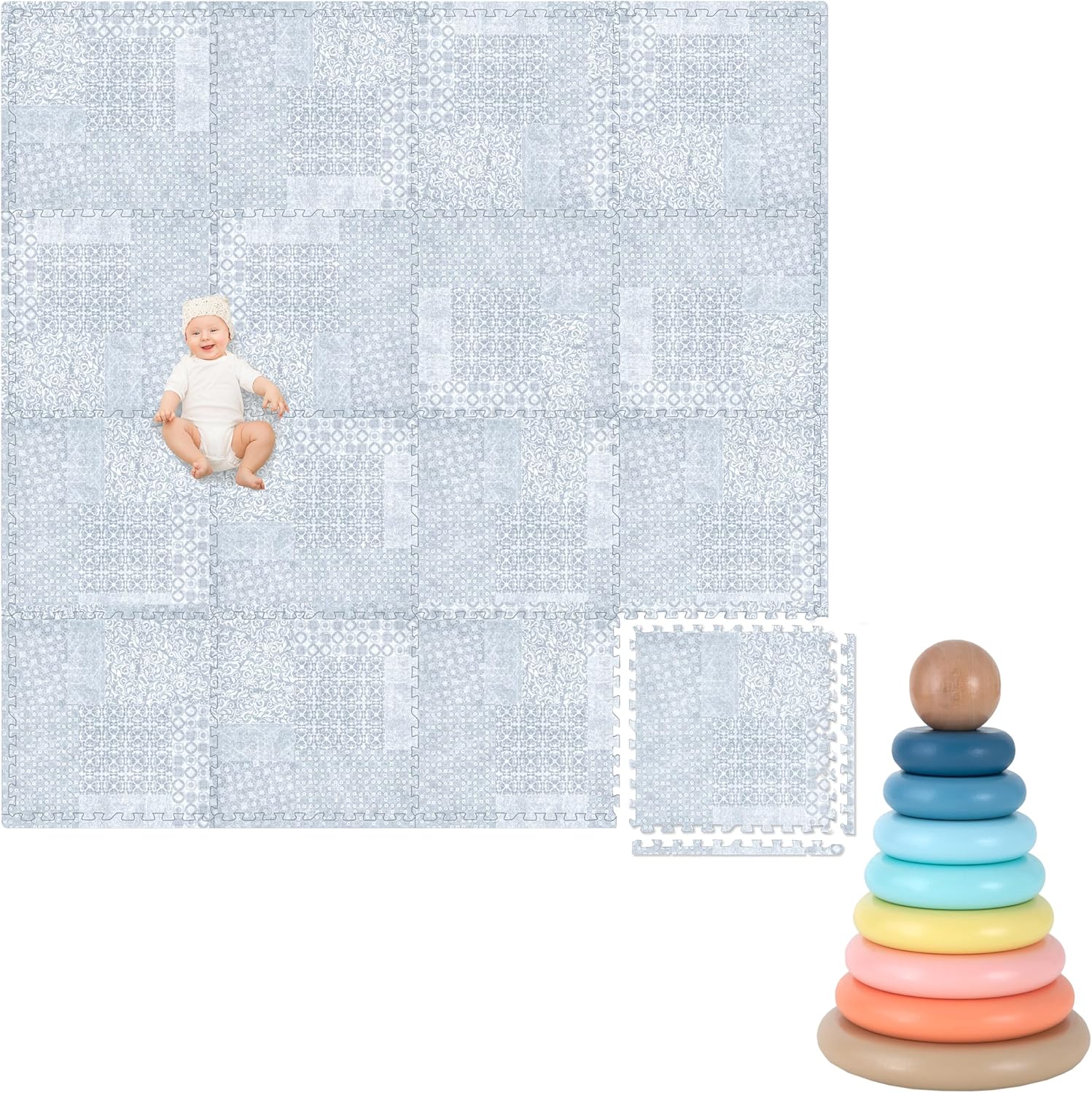 Play Platoon Non-Toxic Kids Play Mats for Floor, Extra-Thick Foam Tiles, Playmat for Toddlers & Childrens Playroom, Wooden Rainbow Stacking Ring Toy, Educational Learning Toys