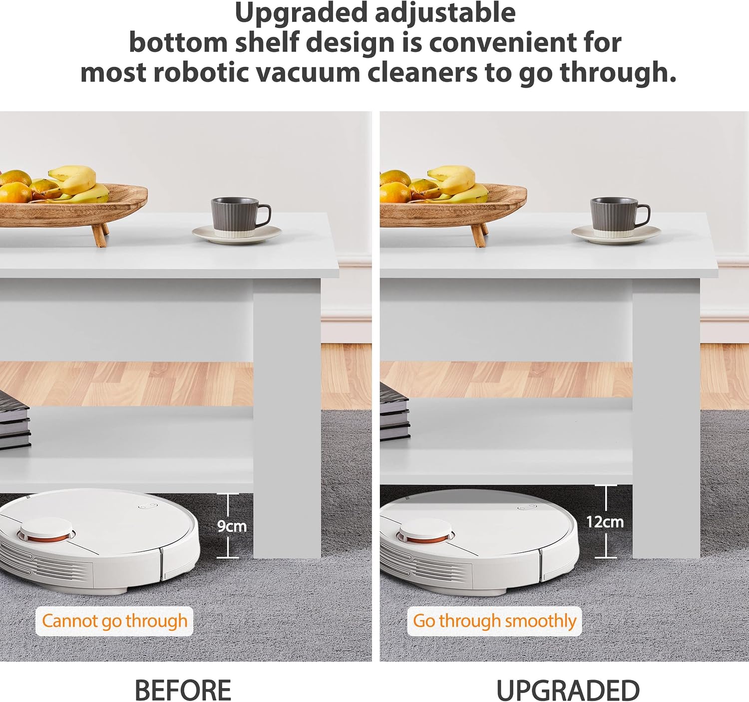 Comparison of robotic vacuum clearance under coffee table, before and upgraded