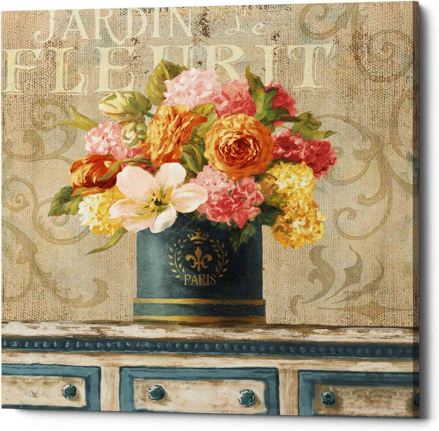 Epic Graffiti 'Tulips in Teal and Gold Hatbox' by Danhui Nai, Canvas Wall Art, 12"x12"