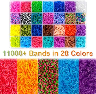 Kit de recharge pour bande de caoutchouc d'inscraft: plus de 11000 bandes de caoutchouc, 28 couleurs avec récipient, 600 clips, 200 perles, 52 perles ABC, kit de recharge pour fabrication de bracelet premium pour filles artisanat de bricolage de cadeaux pour enfants