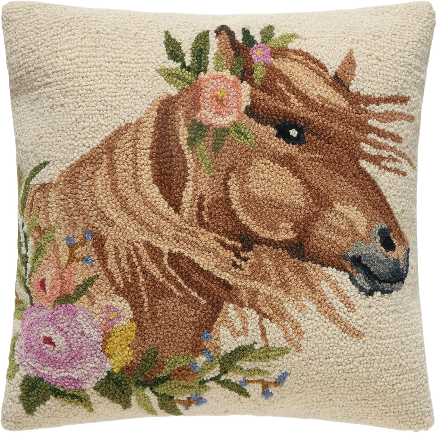Peking Handicraft Floral Horse Hook Pillow, 1 Piece, 18 Inches, Ivory Multi