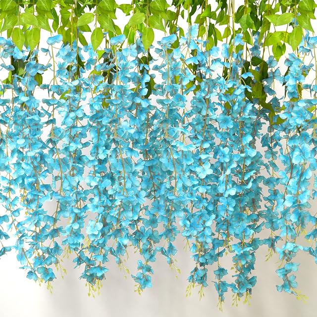 AIBAOBAO Artificial Flowers Wisteria 12PCS, Fake Flowers Vine Garland, Hanging Trailing Plants Bush String Flower for Wedding, Party, Ceremony, Home, Garden, Outdoor, Indoor Decoration (Blue)