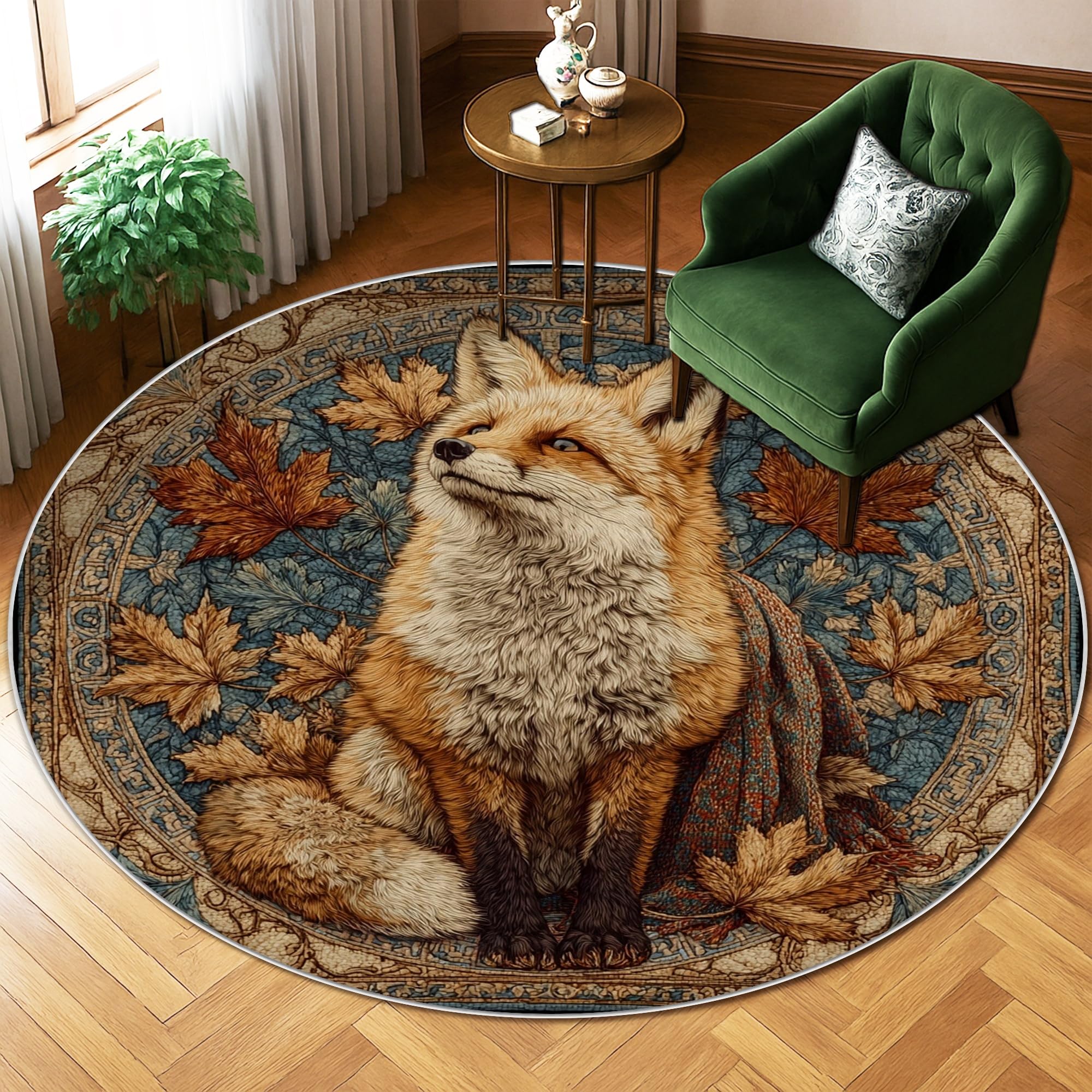 Tapis renard orange 1,8x1,8 m à motif feuilles d'automne pour salon