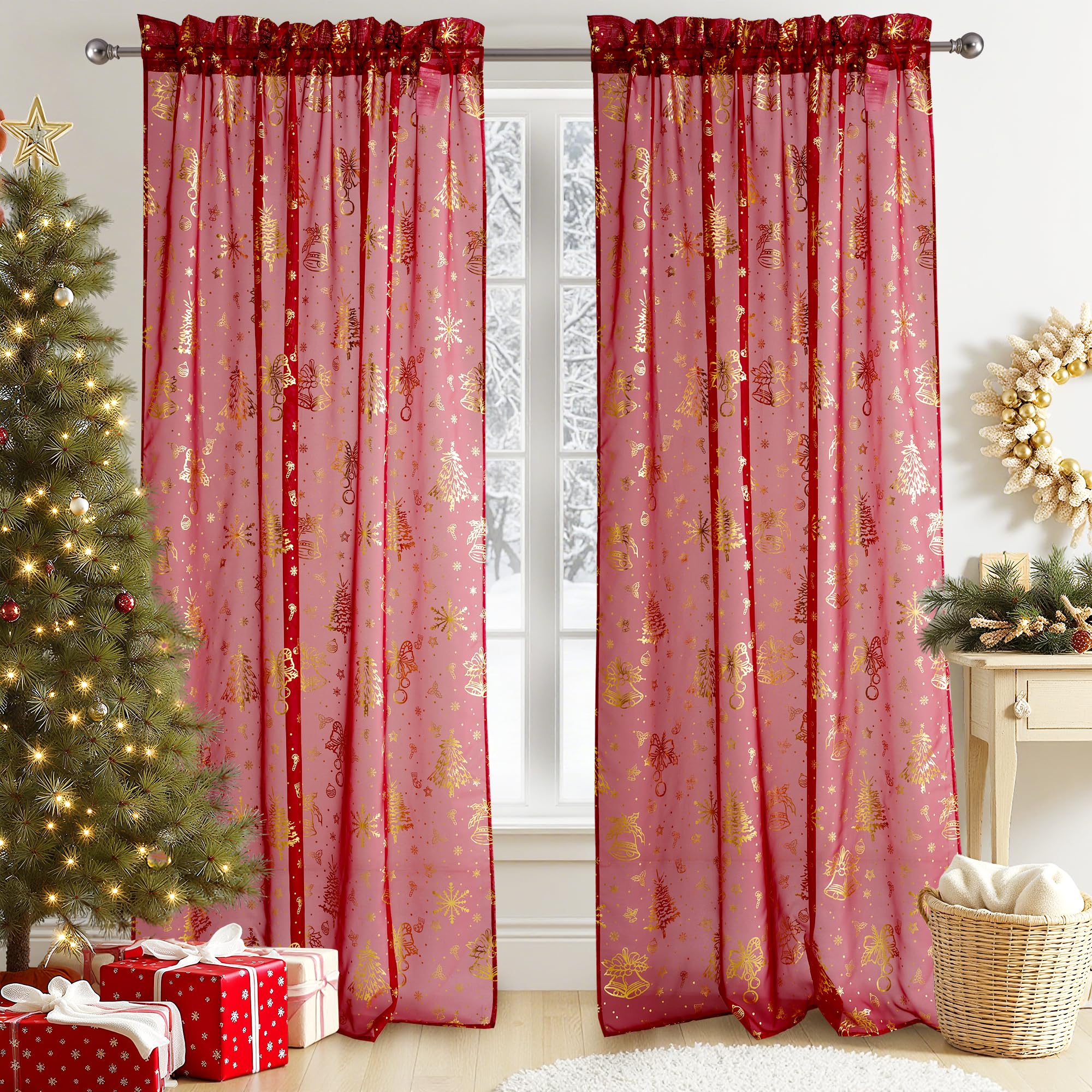 PONY DANCE Red Christmas Net Curtains 52x84 inches - Xmas Gold Foil Snowflake Bell Design, Slot Top Voile Panels for Home Decor, Semi-Sheer Holiday Drapes, Set of 2 โ image 1