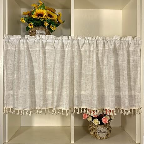 Boho Chic Cabinet Curtains: Tassel Trimmed Sheer Linen Valance for Farmhouse Kitchen and Bathroom Decor